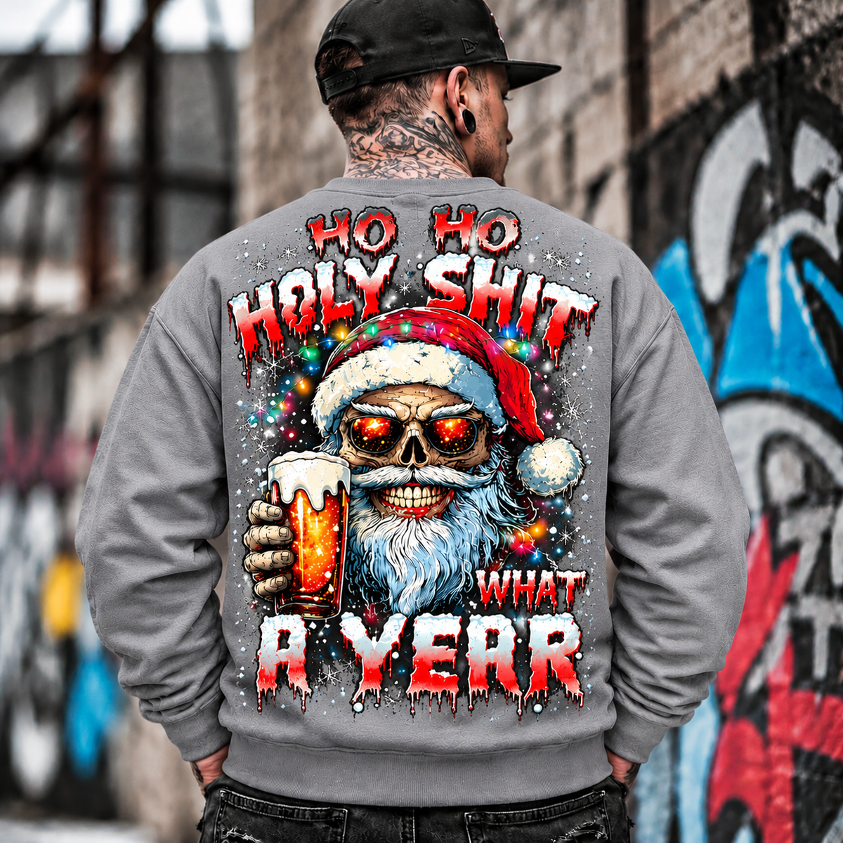 Skull Santa Drinking Beer Graphic