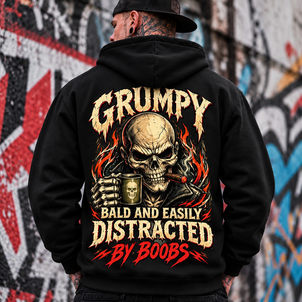Grumpy Skull Hoodie, Funny Bald Humor Graphic