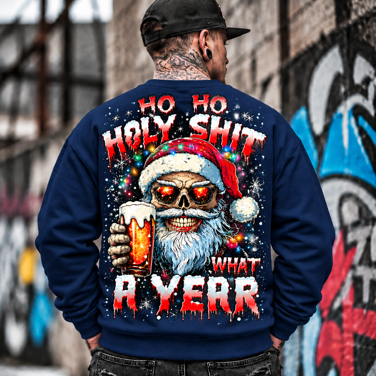 Skull Santa Drinking Beer Graphic